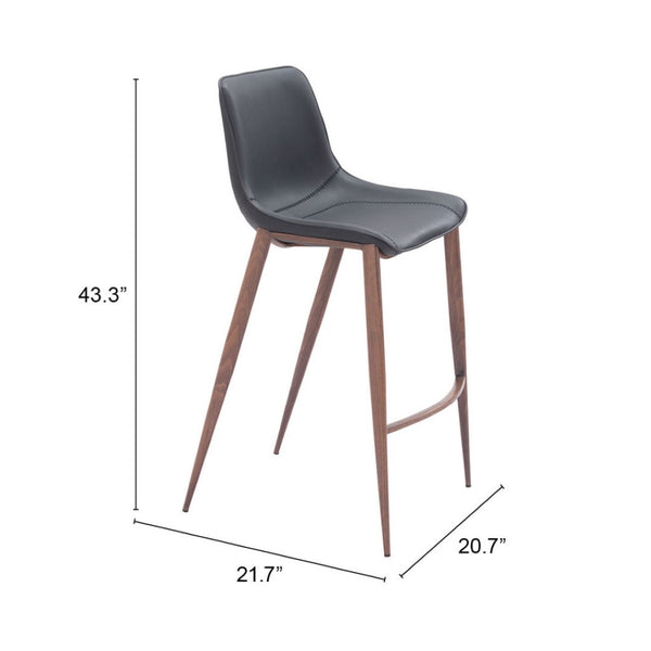 HomeRoots Set of Two Modern Bar Height Stools with Black Faux Leather and Brown Steel Frame for Comfort 555686
