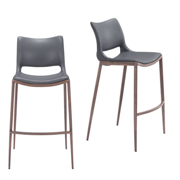 HomeRoots Set of Two Modern Dark Gray Faux Leather Bar Chairs with Walnut Steel Base for Stylish Comfort 555689