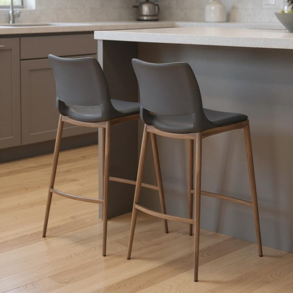 HomeRoots Set of Two Modern Dark Gray Faux Leather Bar Chairs with Walnut Steel Base for Stylish Comfort 555689