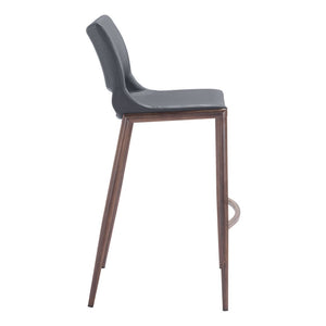 HomeRoots Set of Two Modern Dark Gray Faux Leather Bar Chairs with Walnut Steel Base for Stylish Comfort 555689