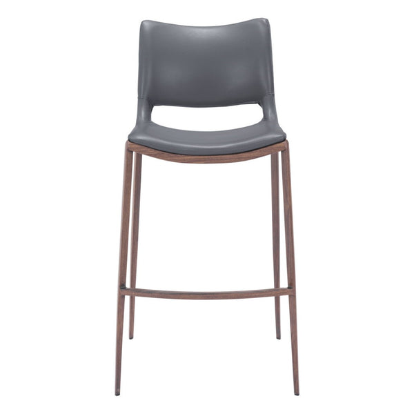 HomeRoots Set of Two Modern Dark Gray Faux Leather Bar Chairs with Walnut Steel Base for Stylish Comfort 555689