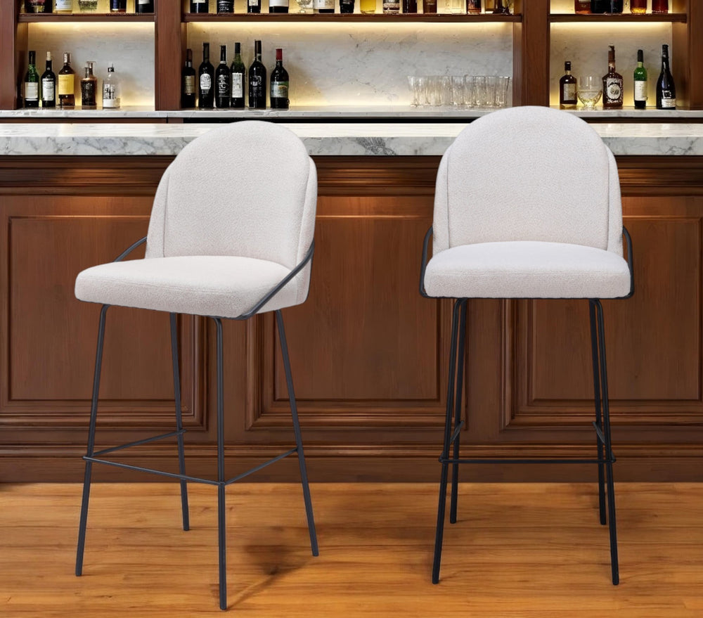 Homeroots Set Of Two 30" Ivory And Black Shearling And Steel Bar Height Bar Chairs   555690