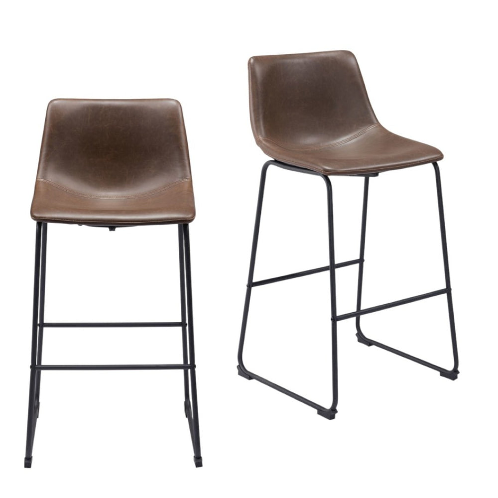 HomeRoots Set of Two Modern Espresso Faux Leather Bar Chairs with Black Steel Frame for Stylish Comfort 555695