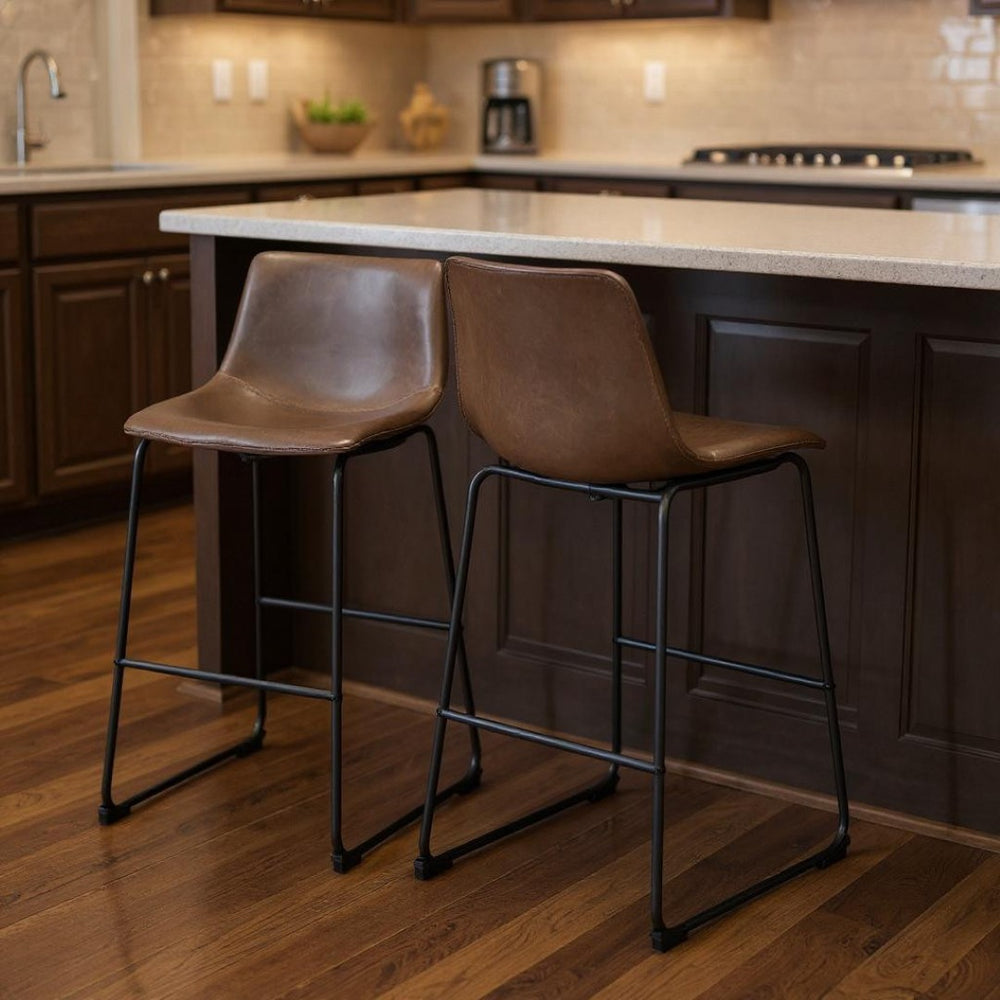 HomeRoots Set of Two Modern Espresso Faux Leather Bar Chairs with Black Steel Frame for Stylish Comfort 555695