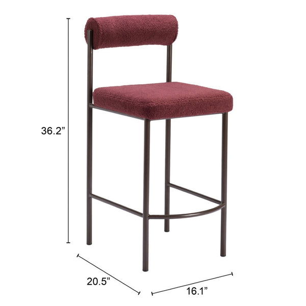 HomeRoots Set of Two 26" Red Shearling Counter Height Bar Chairs with Stylish Bronze Steel Frame for Comfort 555696