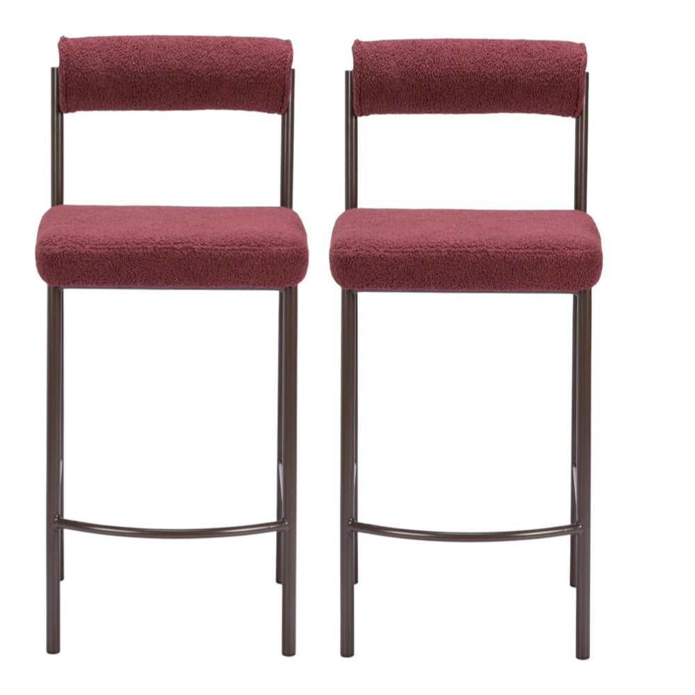 Homeroots Set Of Two 26" Red And Bronze Shearling And Steel Low Back Counter Height Bar Chairs   555696