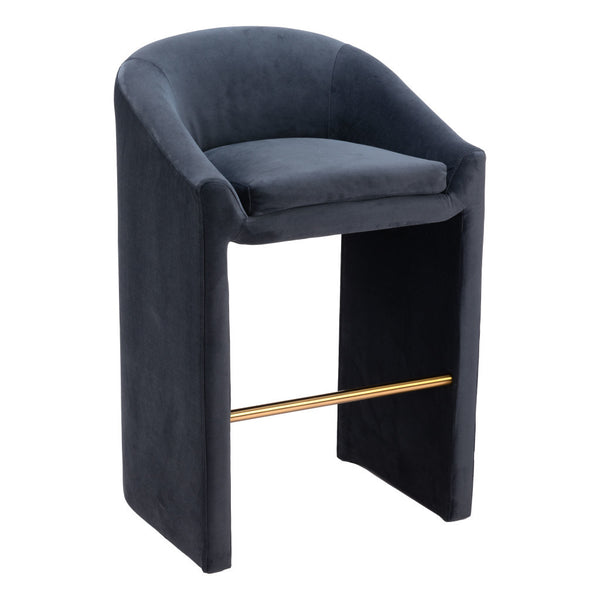Homeroots 30" Gray And Gold Velvet And Steel Low Back Bar Height Bar Chair   555697