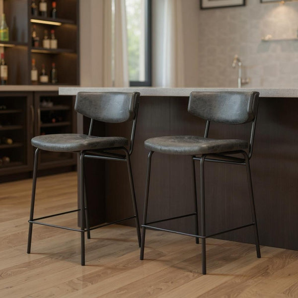 HomeRoots Set of Two Stylish 30" Black Faux Leather Bar Chairs with Steel Frame for Modern Spaces 555700