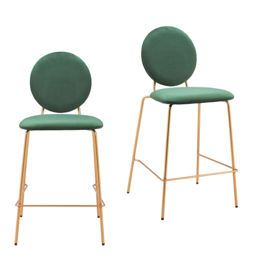 HomeRoots Set of Two Stylish Green Velvet Bar Chairs with Gold Steel Base for Modern Dining & Comfort 555702