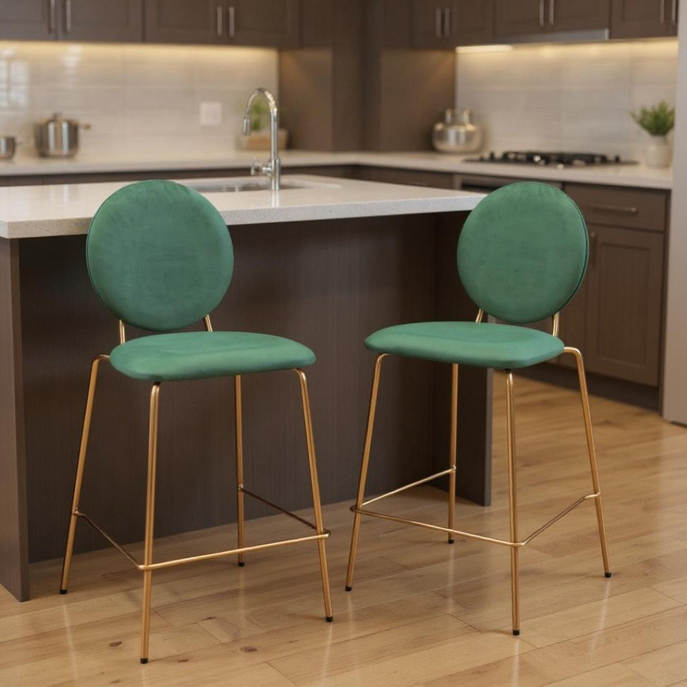 HomeRoots Set of Two Stylish Green Velvet Bar Chairs with Gold Steel Base for Modern Dining & Comfort 555702