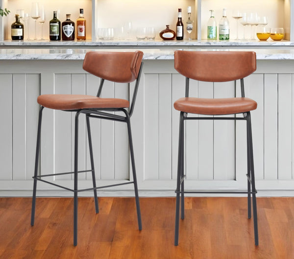 Homeroots Set Of Two 26" Brown And Black Faux Leather And Steel Counter Height Bar Chairs   555705