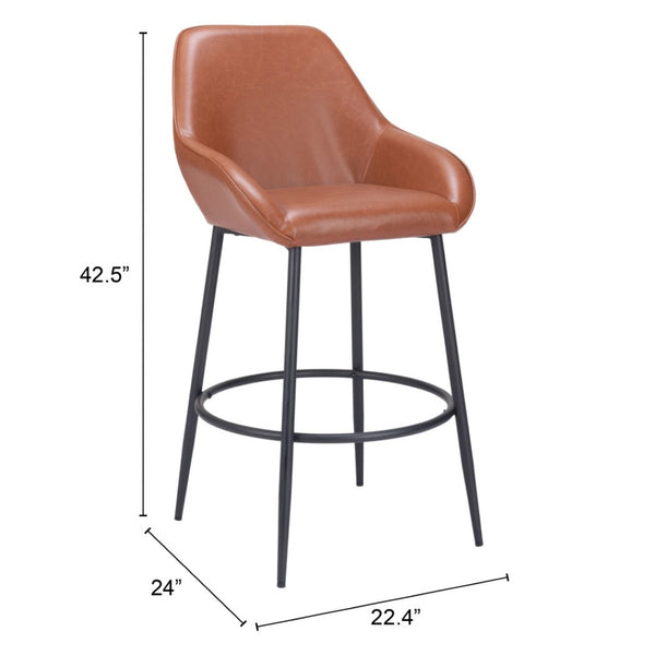HomeRoots Set of Two Contemporary Bar Height Chairs with Brown Faux Leather and Black Steel Frame Design 555707