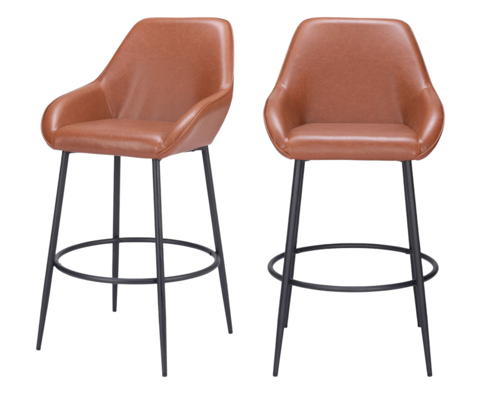 Homeroots Set Of Two 30" Brown And Black Faux Leather And Steel Bar Height Bar Chairs   555707