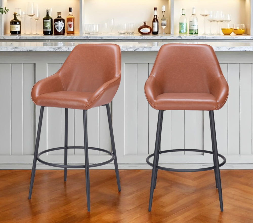 Homeroots Set Of Two 30" Brown And Black Faux Leather And Steel Bar Height Bar Chairs   555707
