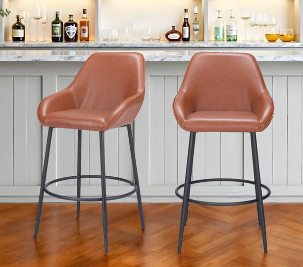 Homeroots Set Of Two 30" Brown And Black Faux Leather And Steel Bar Height Bar Chairs   555707