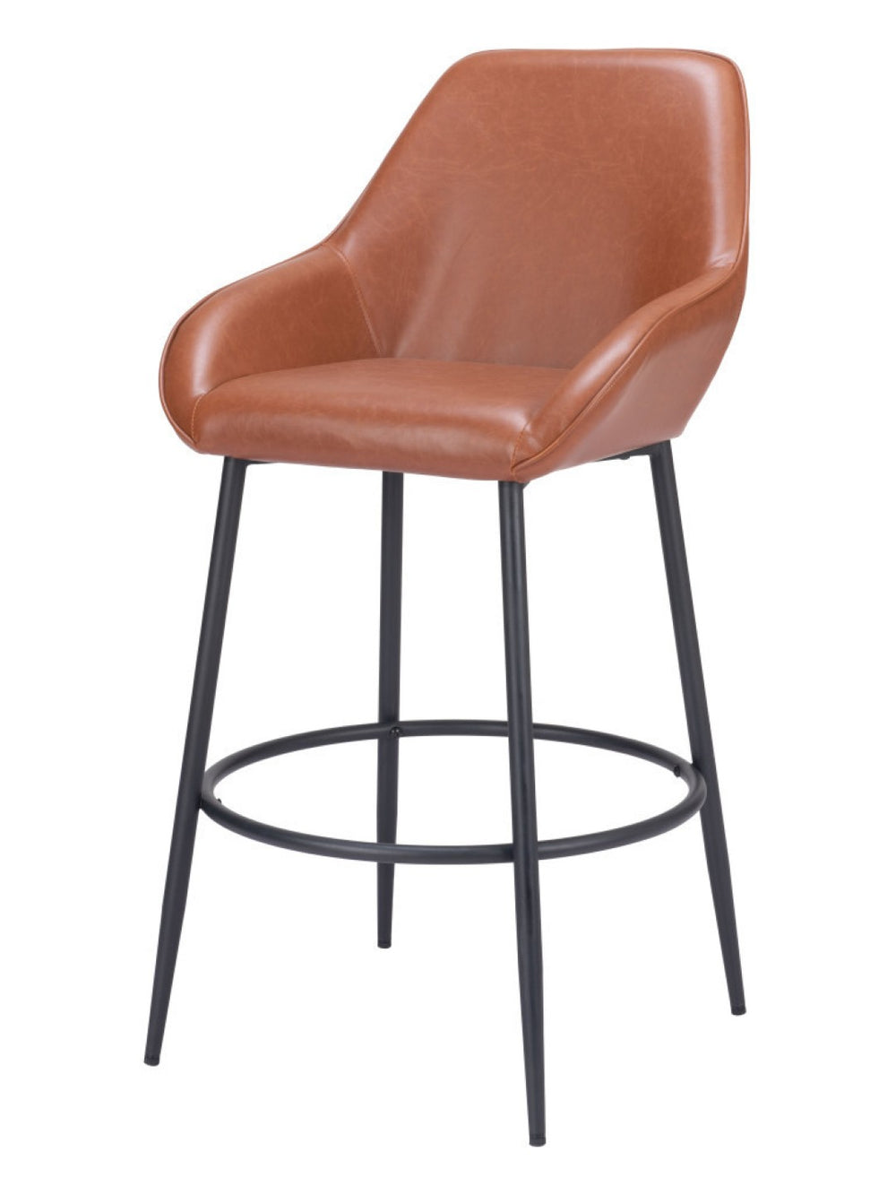 HomeRoots Set of Two Contemporary Bar Height Chairs with Brown Faux Leather and Black Steel Frame Design 555707