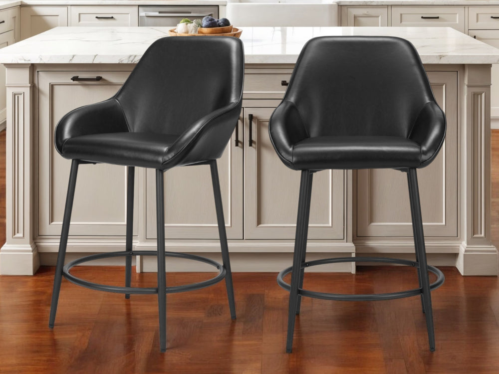Homeroots Set Of Two 25" Black Faux Leather And Steel Counter Height Bar Chairs   555709