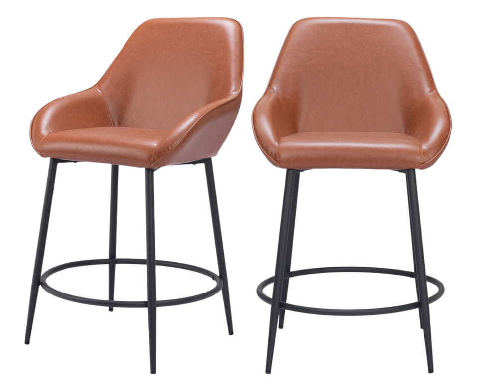 Homeroots Set Of Two 25" Brown And Black Faux Leather And Steel Counter Height Bar Chairs   555710