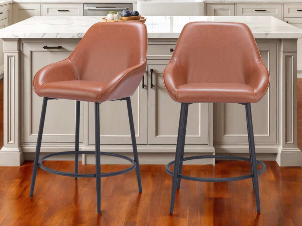 Homeroots Set Of Two 25" Brown And Black Faux Leather And Steel Counter Height Bar Chairs   555710