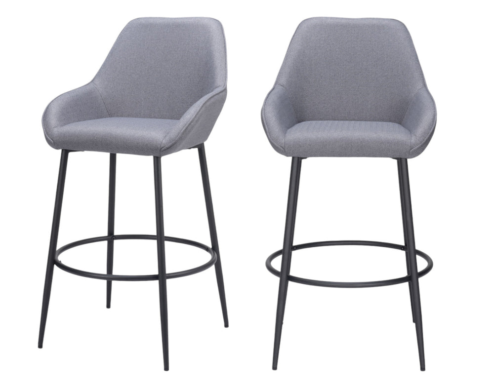 Homeroots Set Of Two 30" Gray And Black Fabric And Steel Bar Height Bar Chairs   555716
