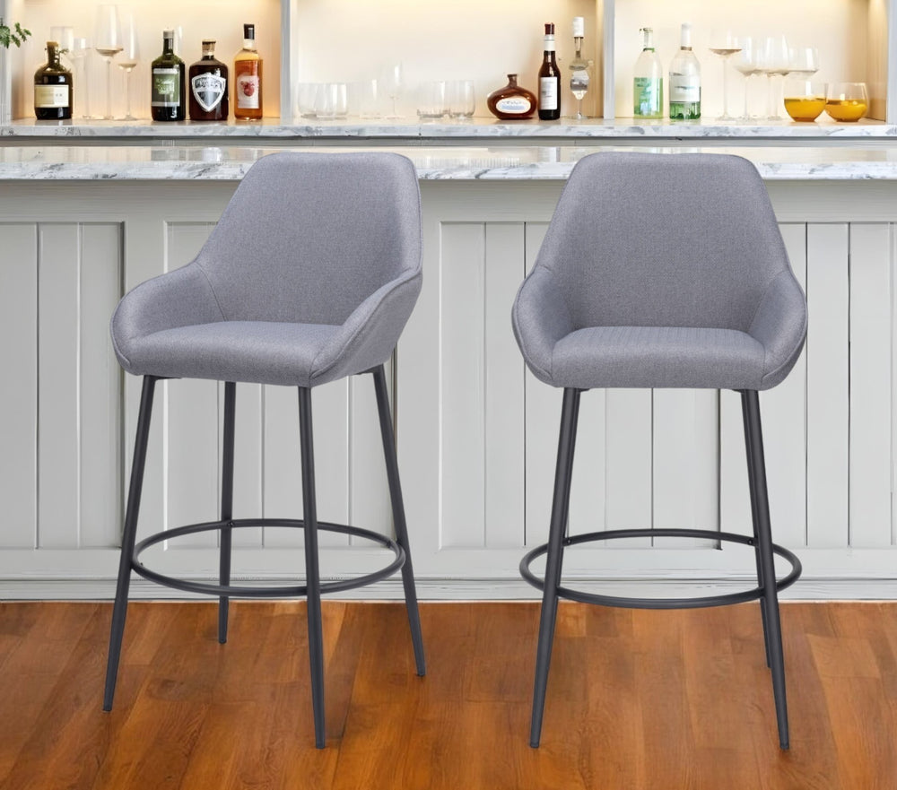 Homeroots Set Of Two 30" Gray And Black Fabric And Steel Bar Height Bar Chairs   555716
