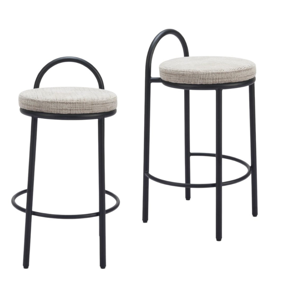 HomeRoots Set of Two Chic 26" Beige Chenille & Black Steel Low Back Bar Chairs for Modern Home Decor 555719