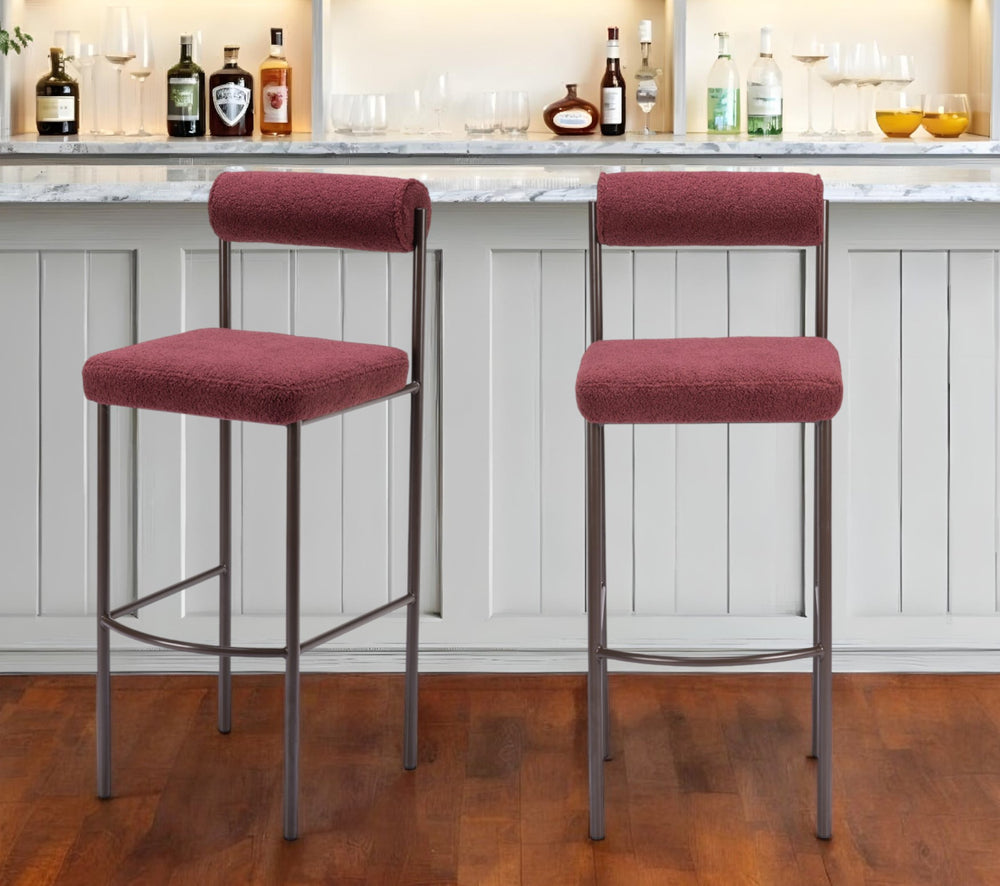 Homeroots Set Of Two 30" Red And Bronze Shearling And Steel Low Back Bar Height Bar Chairs   555720