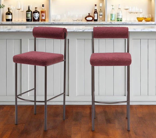 Homeroots Set Of Two 30" Red And Bronze Shearling And Steel Low Back Bar Height Bar Chairs   555720