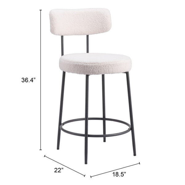 HomeRoots Set of Two Stylish 25" Ivory Shearling & Black Steel Low Back Bar Chairs for Modern Spaces 555722
