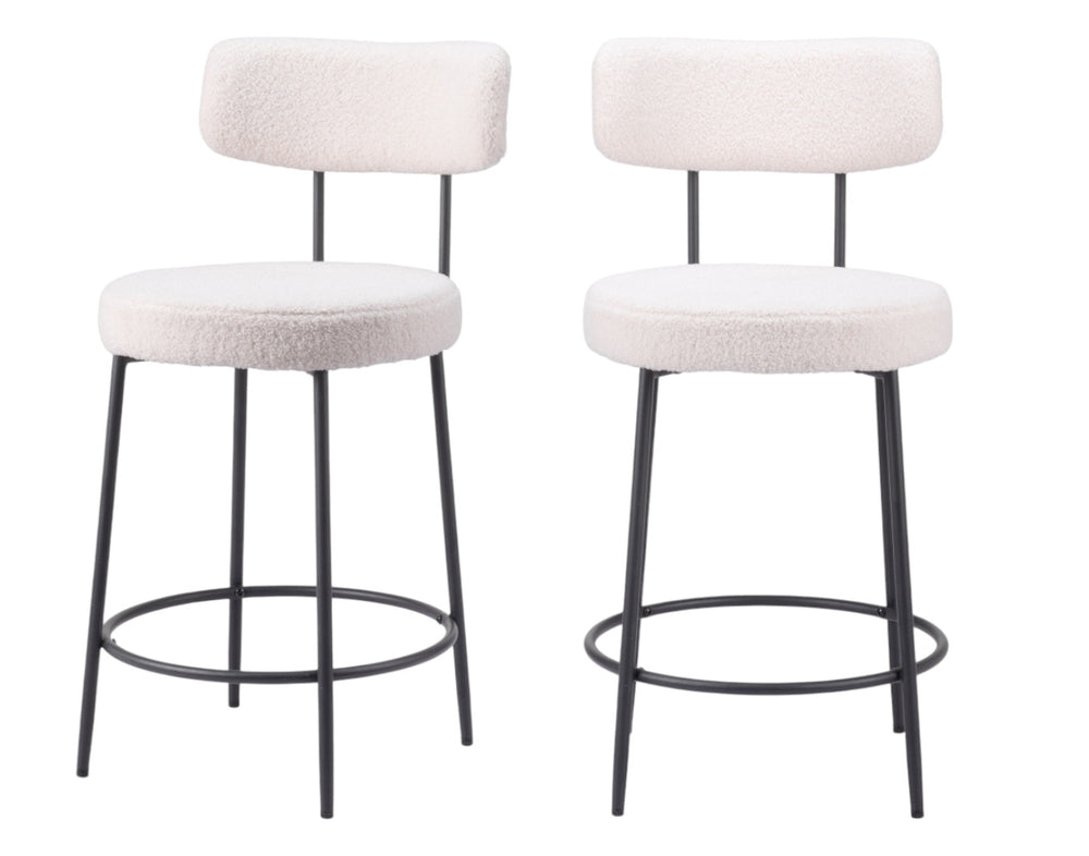 Homeroots Set Of Two 25" Ivory And Black Shearling And Steel Low Back Counter Height Bar Chairs   555722
