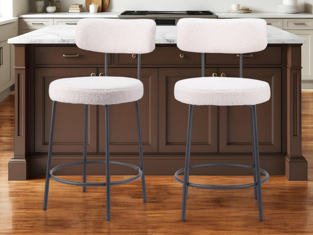 Homeroots Set Of Two 25" Ivory And Black Shearling And Steel Low Back Counter Height Bar Chairs   555722