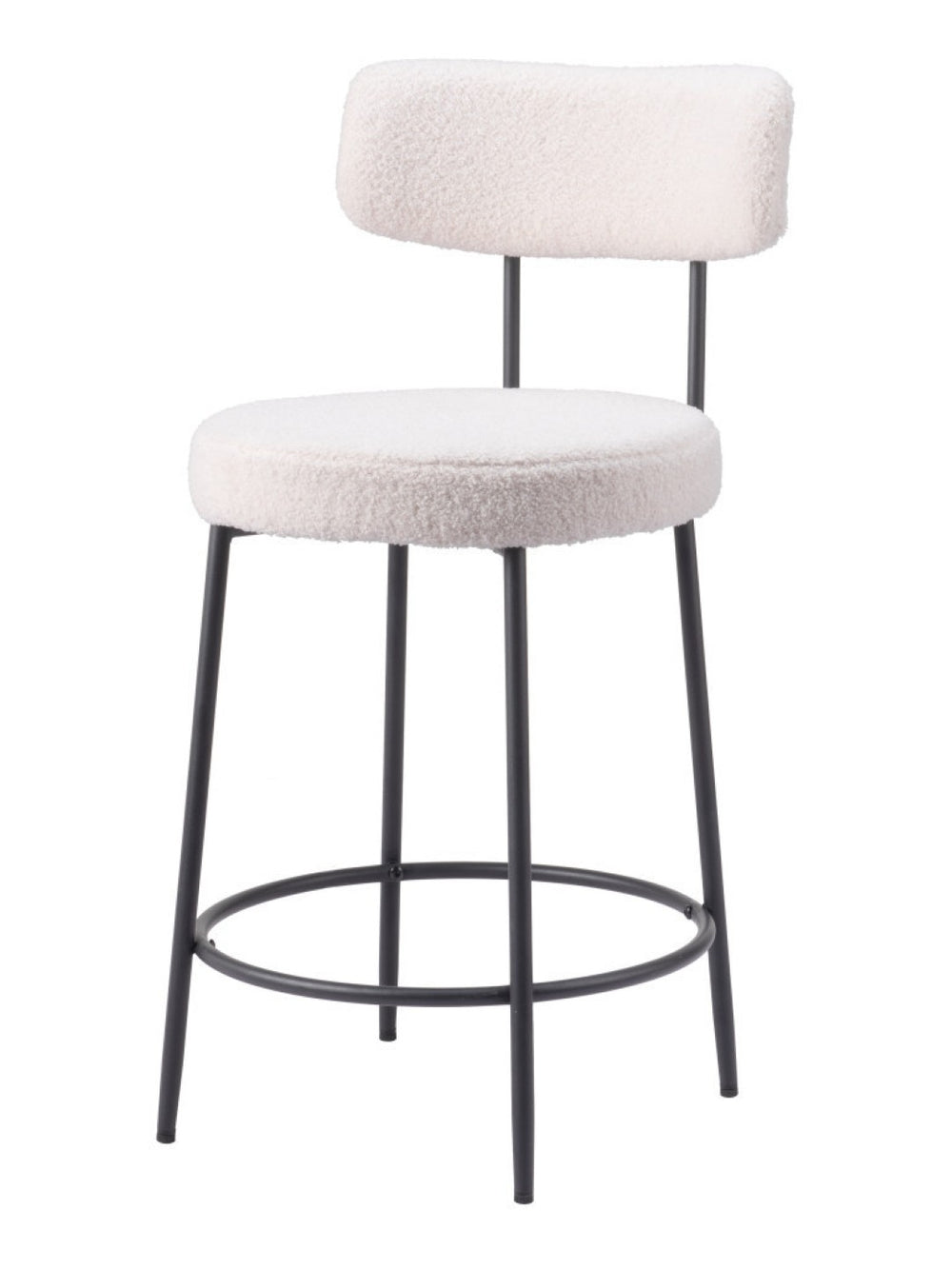 HomeRoots Set of Two Stylish 25" Ivory Shearling & Black Steel Low Back Bar Chairs for Modern Spaces 555722