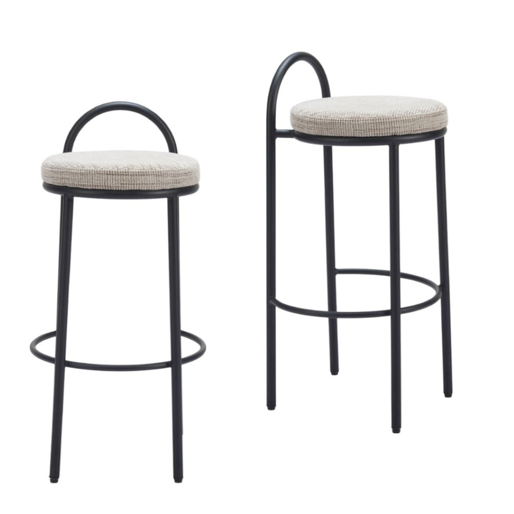 HomeRoots Set of Two Stylish Beige Chenille Low Back Bar Height Chairs with Black Steel Frame for Comfort 555725
