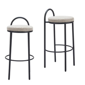 HomeRoots Set of Two Stylish Beige Chenille Low Back Bar Height Chairs with Black Steel Frame for Comfort 555725