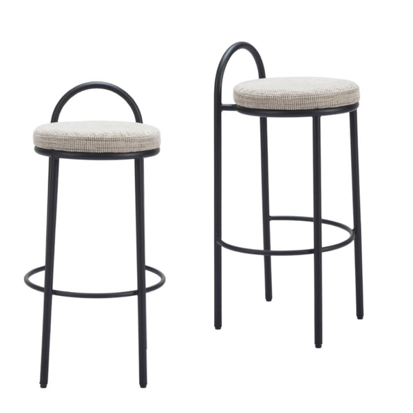 HomeRoots Set of Two Stylish Beige Chenille Low Back Bar Height Chairs with Black Steel Frame for Comfort 555725
