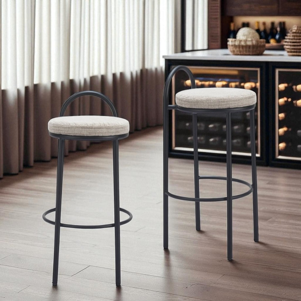 HomeRoots Set of Two Stylish Beige Chenille Low Back Bar Height Chairs with Black Steel Frame for Comfort 555725