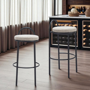 HomeRoots Set of Two Stylish Beige Chenille Low Back Bar Height Chairs with Black Steel Frame for Comfort 555725