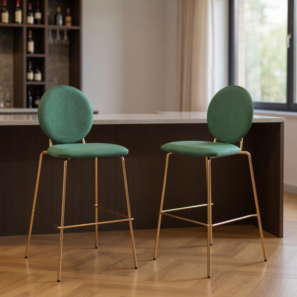 HomeRoots Set of Two Luxurious Green Velvet Bar Chairs with Gold Steel Frame for Stylish Comfort & Support 555726