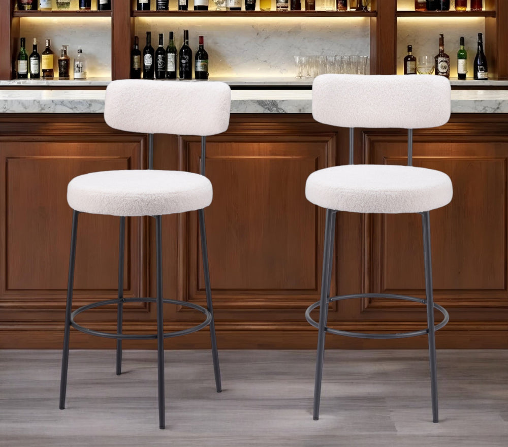 Homeroots Set Of Two 29" Ivory And Black Shearling And Steel Low Back Bar Height Bar Chairs   555728