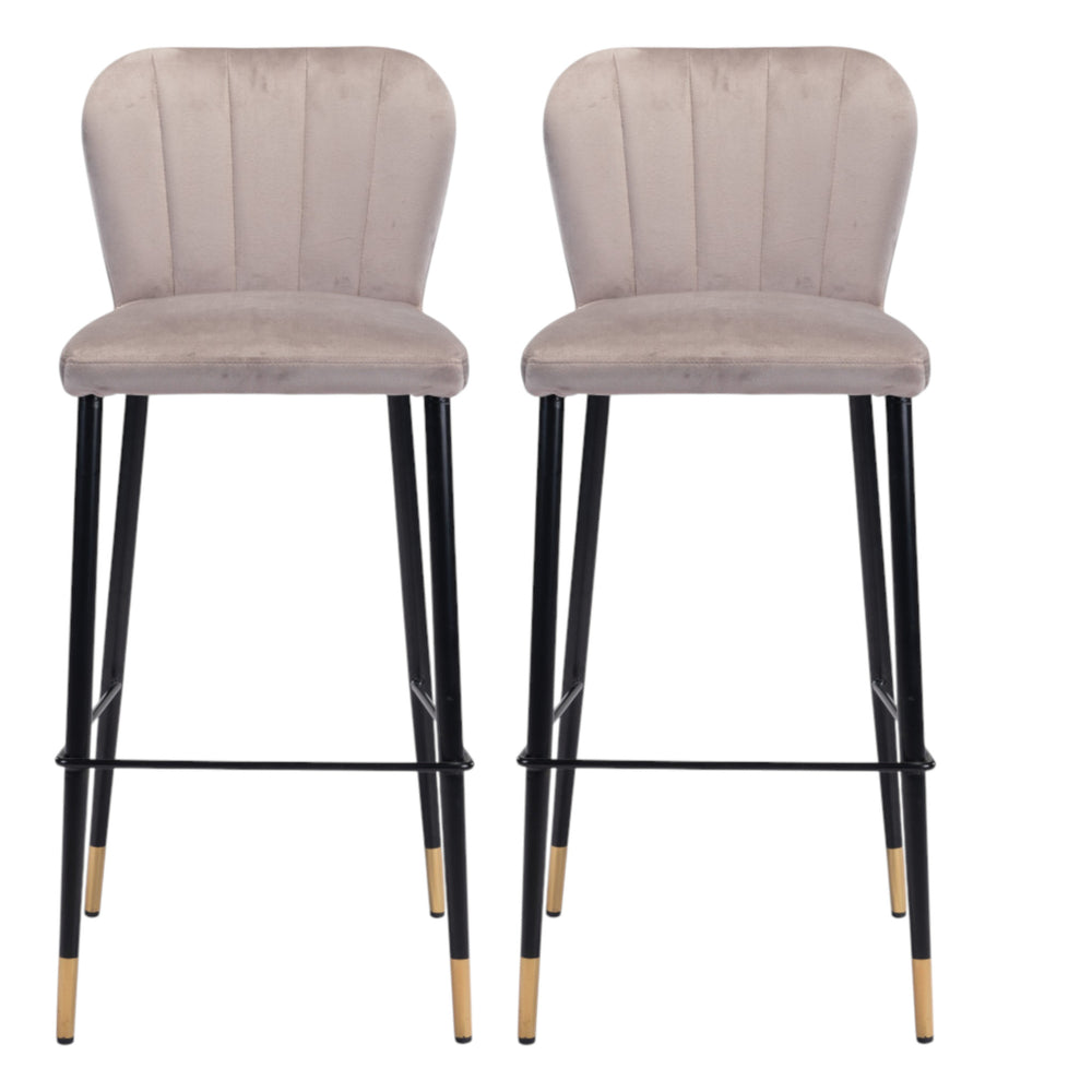 Homeroots Set Of Two 30" Gray Black And Gold Velvet And Steel Bar Height Bar Chairs   555729