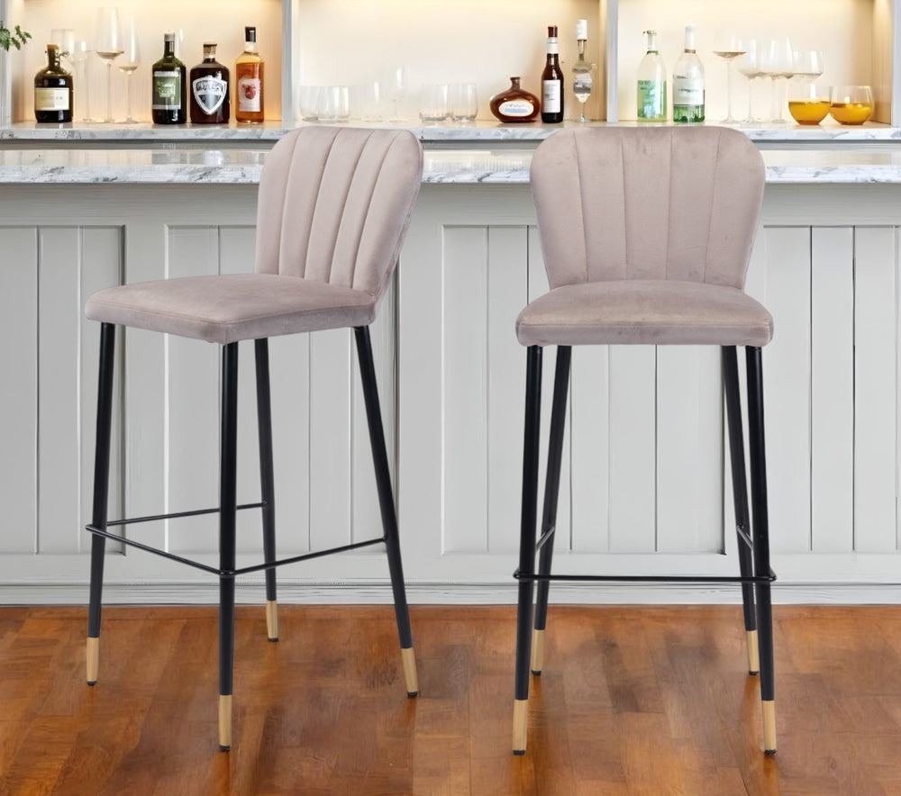 Homeroots Set Of Two 30" Gray Black And Gold Velvet And Steel Bar Height Bar Chairs   555729