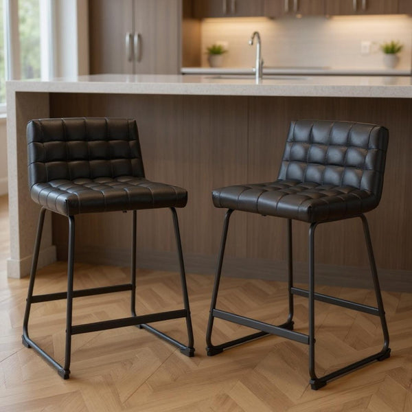 HomeRoots Set of Two Modern 26" Black Faux Leather & Steel Counter-Height Bar Chairs for Stylish Comfort 555731