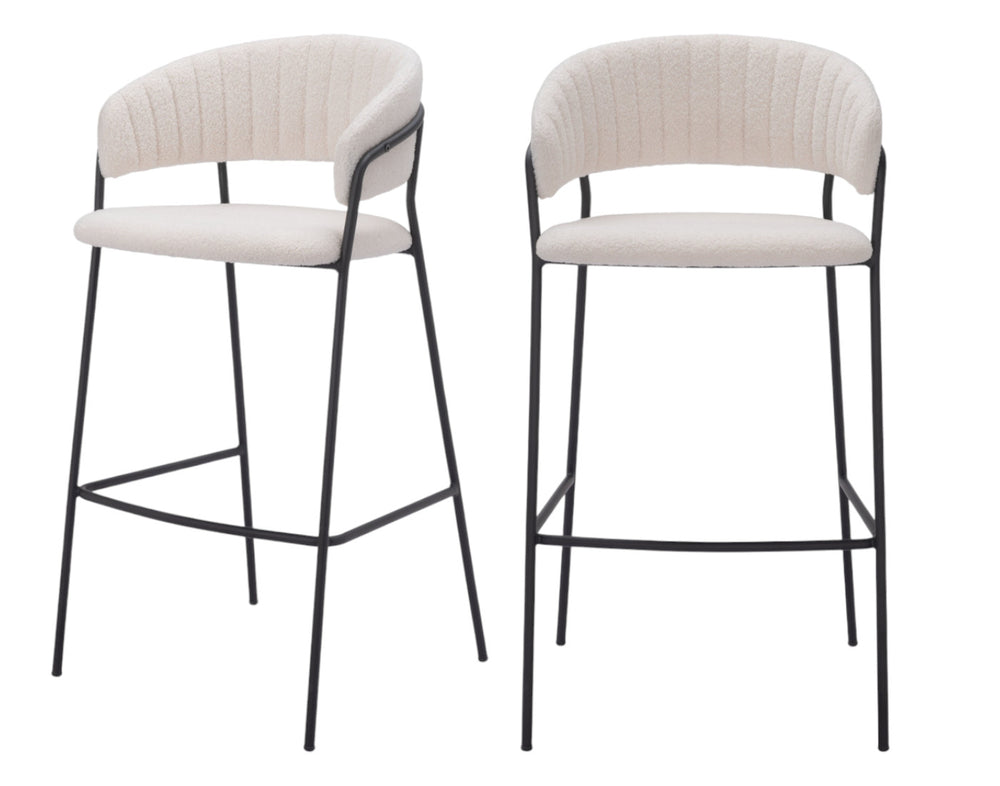 Homeroots Set Of Two 30" Cream And Black Shearling And Steel Low Back Bar Height Bar Chairs   555735