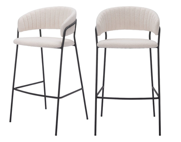 Homeroots Set Of Two 30" Cream And Black Shearling And Steel Low Back Bar Height Bar Chairs   555735