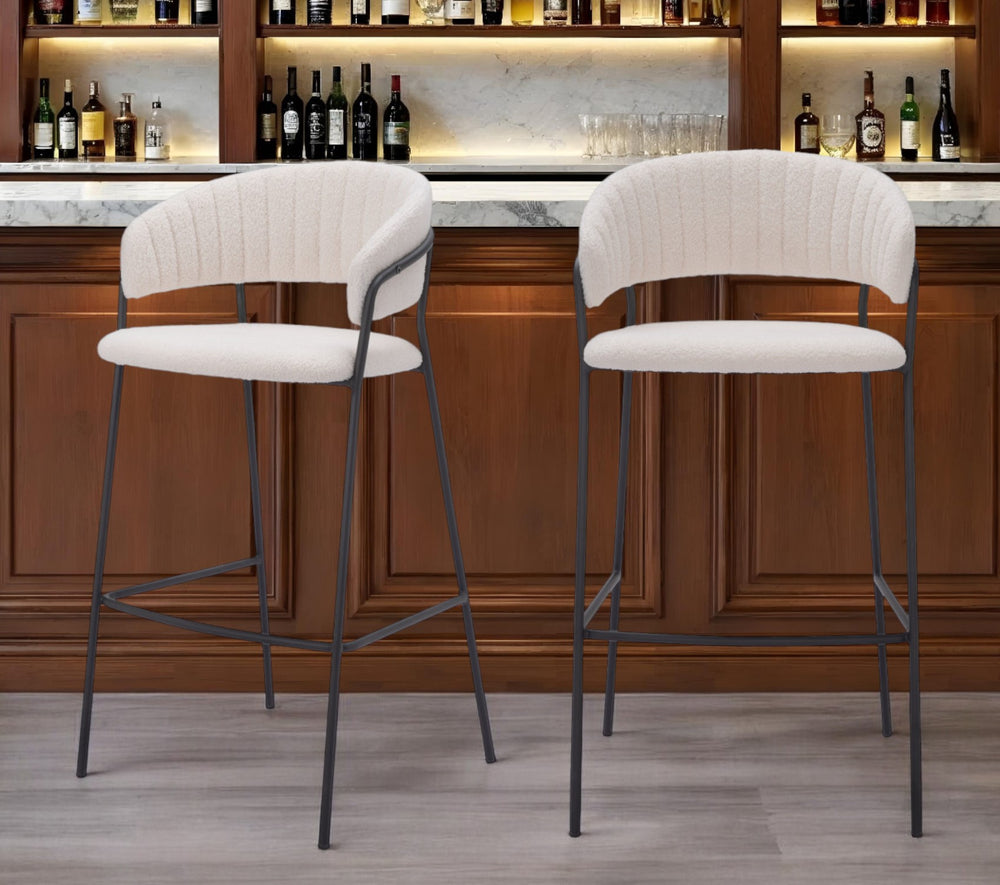 Homeroots Set Of Two 30" Cream And Black Shearling And Steel Low Back Bar Height Bar Chairs   555735