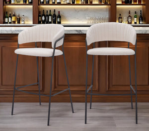 Homeroots Set Of Two 30" Cream And Black Shearling And Steel Low Back Bar Height Bar Chairs   555735