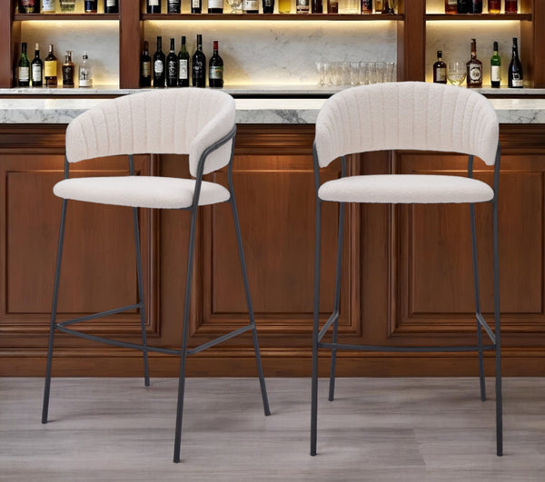 Homeroots Set Of Two 30" Cream And Black Shearling And Steel Low Back Bar Height Bar Chairs   555735