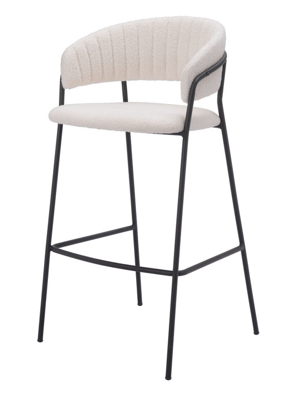 Homeroots Set Of Two 30" Cream And Black Shearling And Steel Low Back Bar Height Bar Chairs   555735