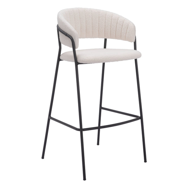 Homeroots Set Of Two 30" Cream And Black Shearling And Steel Low Back Bar Height Bar Chairs   555735