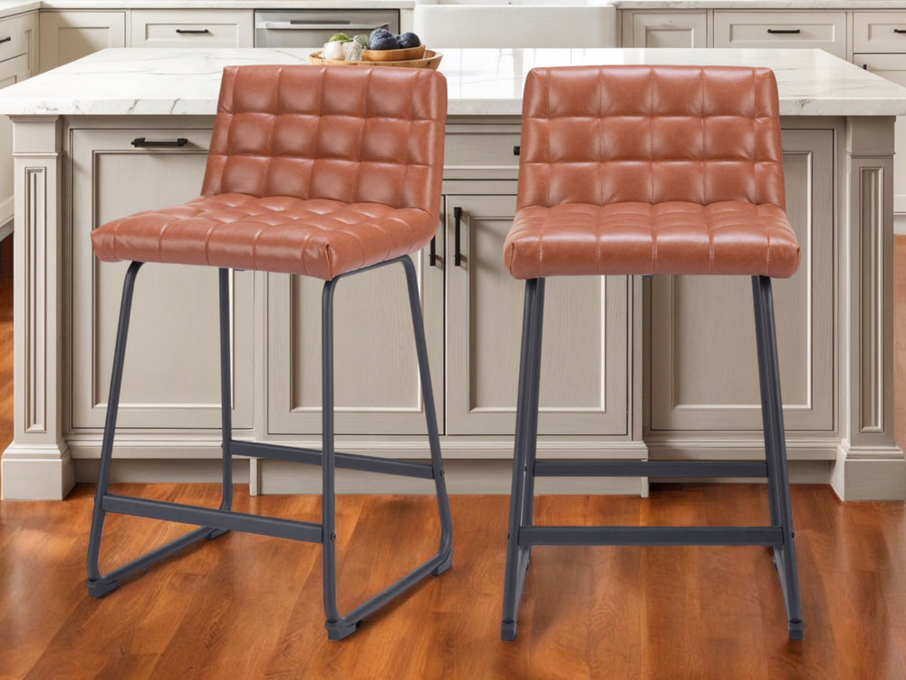 Homeroots Set Of Two 26" Brown And Black Faux Leather And Steel Counter Height Bar Chairs   555736